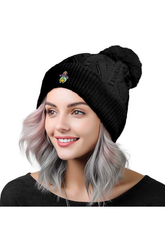 Sorcerer Frog Cable Knit Pom Beanie Soft Stretch Skully Warm Fuzzy Faux Sherpa Winter Ski Beanie in Black