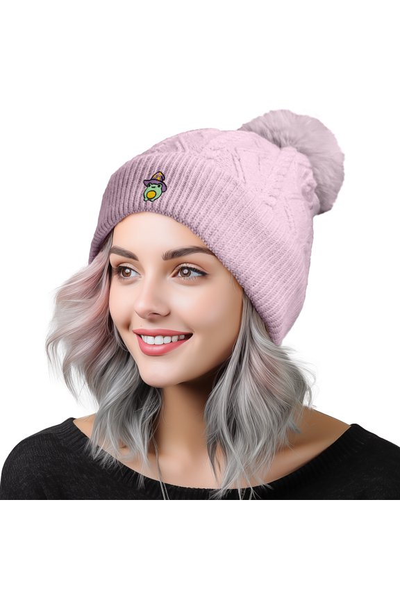 Sorcerer Frog Cable Knit Pom Beanie Soft Stretch Skully Warm Fuzzy Faux Sherpa Winter Ski Beanie in Orchid
