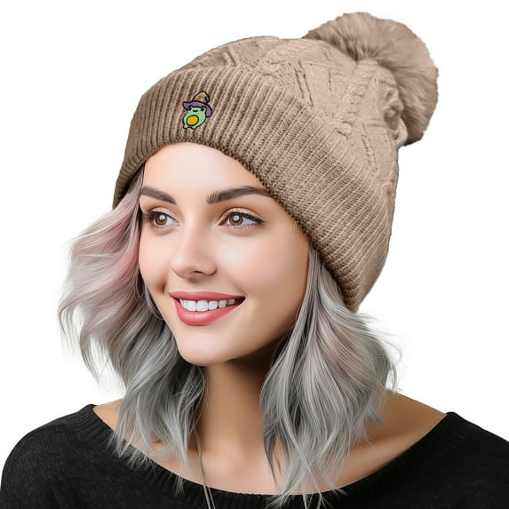Dalix Sorcerer Frog Cable Knit Pom Beanie Soft Stretch Skully Warm Fuzzy Faux Sherpa Winter Ski Beanie in Tan