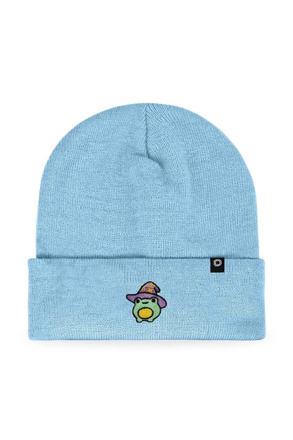 Sorcerer Frog Embroidered Beanie Hat Knit Cap Cold Weather Womens in Baby Blue
