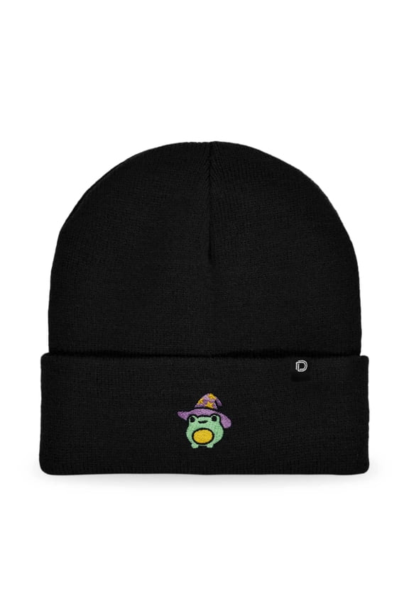 Sorcerer Frog Embroidered Beanie Hat Knit Cap Cold Weather Womens in Black