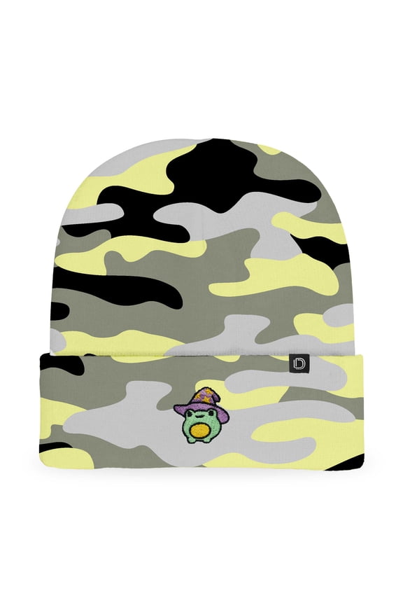 Sorcerer Frog Embroidered Beanie Hat Knit Cap Cold Weather Womens in Forest Camo