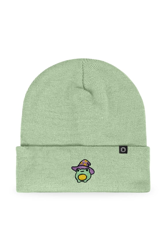 Sorcerer Frog Embroidered Beanie Hat Knit Cap Cold Weather Womens in Light Green