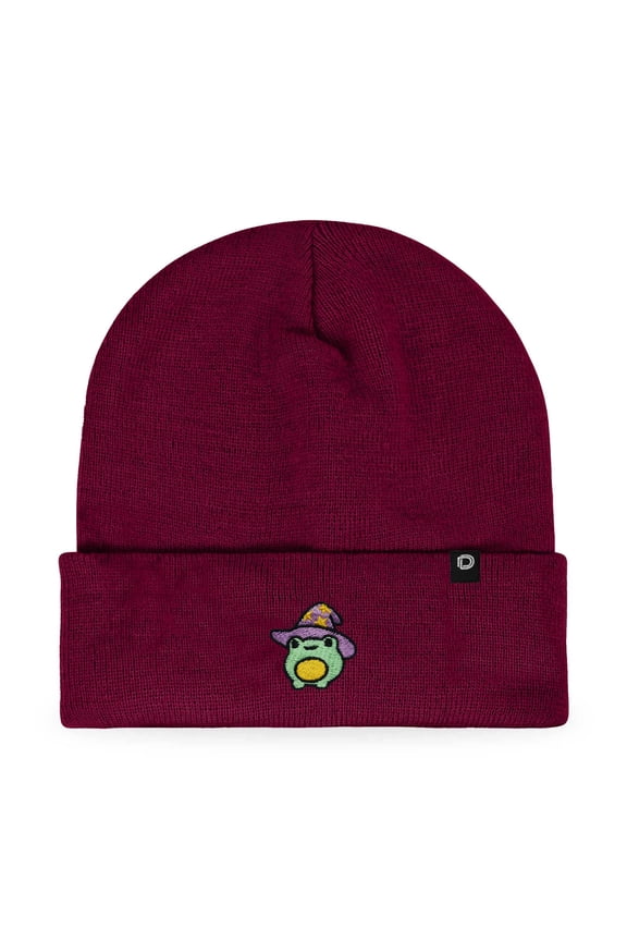 Sorcerer Frog Embroidered Beanie Hat Knit Cap Cold Weather Womens in Maroon