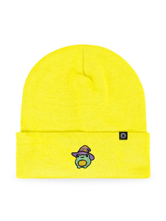 Sorcerer Frog Embroidered Beanie Hat Knit Cap Cold Weather Womens in Neon Yellow