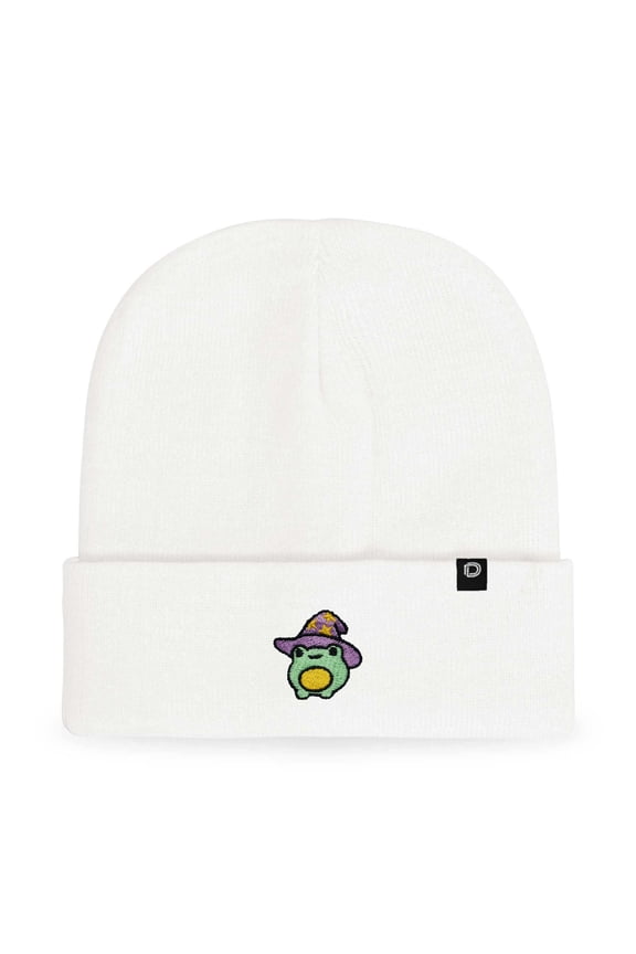 Sorcerer Frog Embroidered Beanie Hat Knit Cap Cold Weather Womens in White