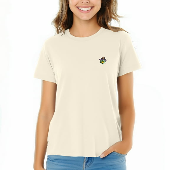 Dalix Sorcerer Frog Embroidered Cotton Relaxed Short Sleeve Tee T Shirt Womens in Natural S Small