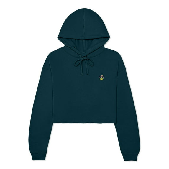 Dalix Sorcerer Frog Embroidered Fleece Cropped Long Sleeve Hoodie Womens in Atlantic Green S Small