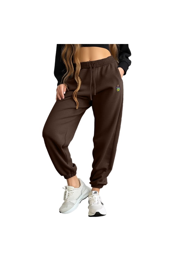 Sorcerer Frog Embroidered Jogger Pant Soft Fleece Relaxed Fit Lounge Womens in Brown L Large
