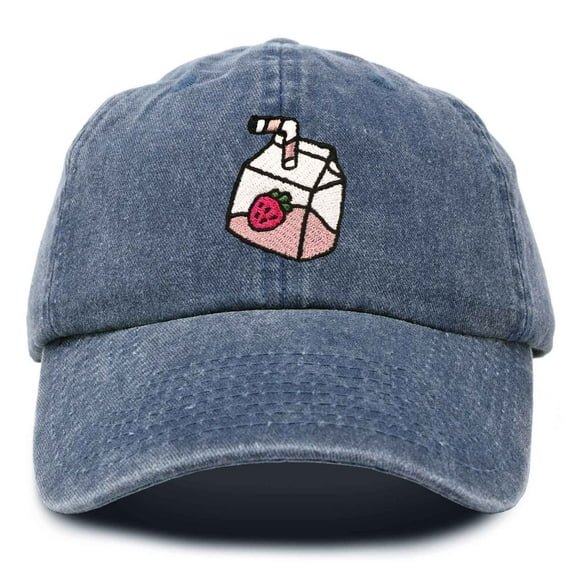 Dalix Strawberry Milk Embroidered Womens Cotton Dad Hat Baseball Cap in Washed Navy Blue