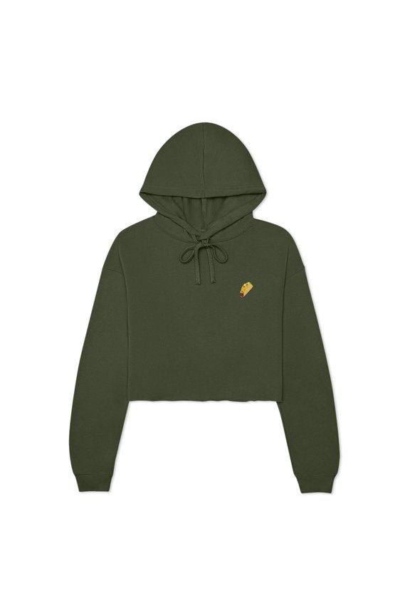 Taco Embroidered Fleece Cropped Hoodie Cold Fall Winter Women in Military Green S Small