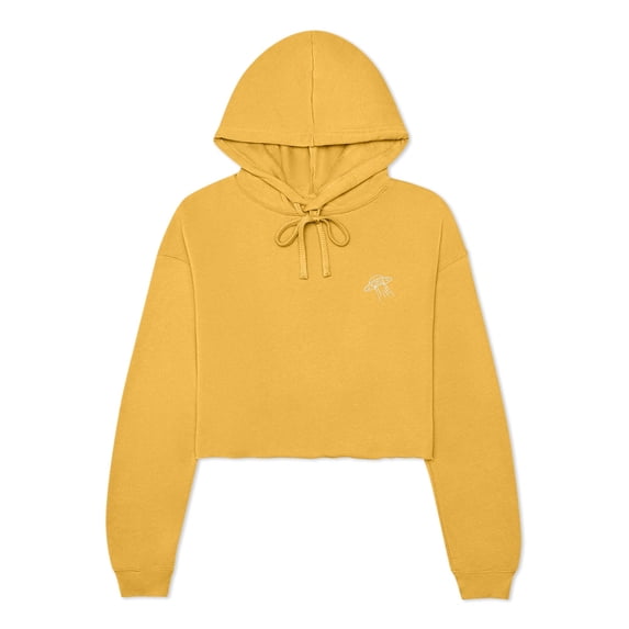 Dalix UFO Embroidered Fleece Cropped Hoodie Cold Fall Winter Women in Heather Mustard S Small