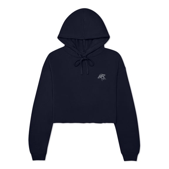Dalix UFO Embroidered Fleece Cropped Hoodie Cold Fall Winter Women in Navy Blue S Small