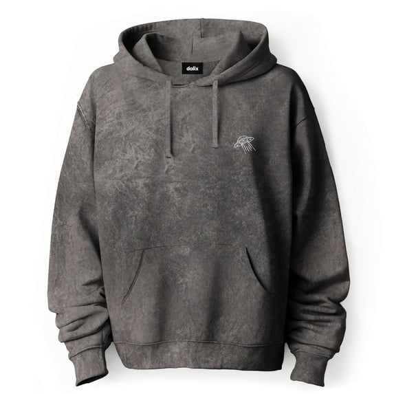 Dalix UFO Embroidered Fleece Hoodie Mineral Wash Long Sleeve Sweatshirt Mens in Gray M Medium