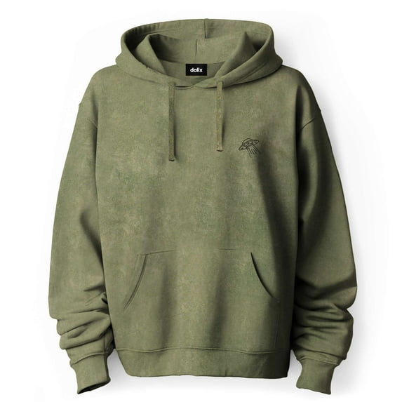 Dalix UFO Embroidered Fleece Hoodie Mineral Wash Long Sleeve Sweatshirt Mens in Olive XL X-Large