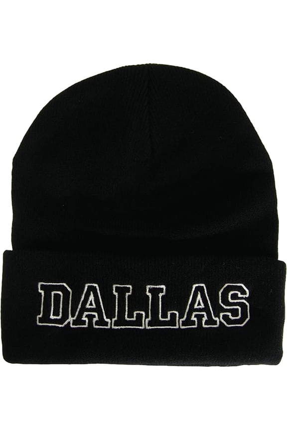 Dallas City Name Cuffed Winter Knit Beanie Toboggan Hat (Black/White)