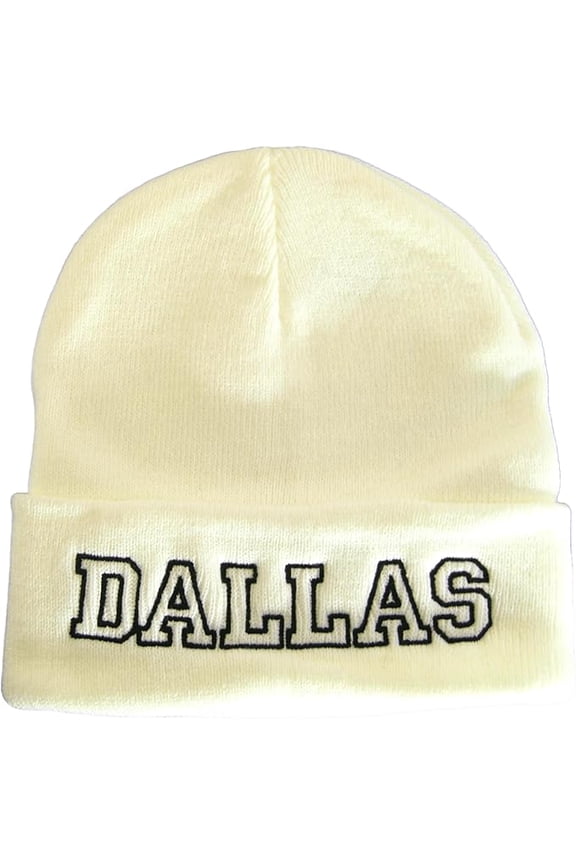Dallas City Name Cuffed Winter Knit Beanie Toboggan Hat (White/Black)