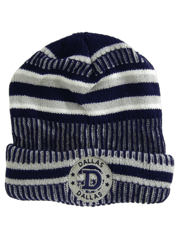 Dallas City Name Knitted Plush Lined Varsity Cuffed Hat with Seal (Navy/Gray)