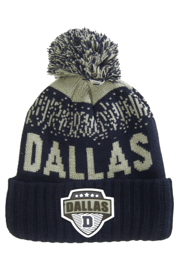 Dallas City Name Rubber Patch Ribbed Winter Knit Pom Beanie (Navy/Gray)