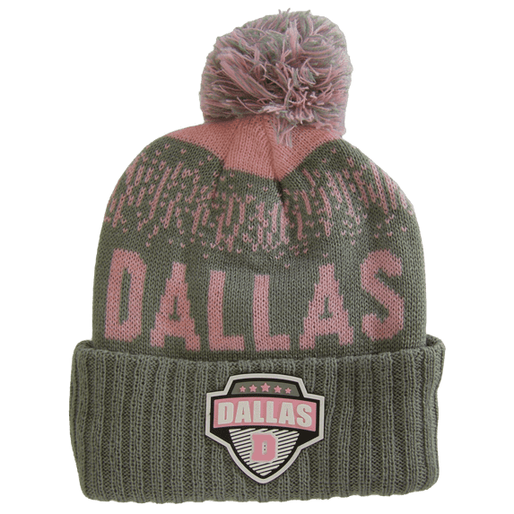 Dallas City Name Rubber Patch Ribbed Winter Knit Pom Beanie (Pink/Gray)