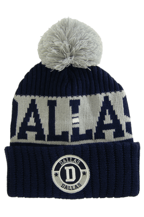 Dallas City Name Three Stripe Circular Patch Pom Beanie Winter Hat (Navy/Gray)