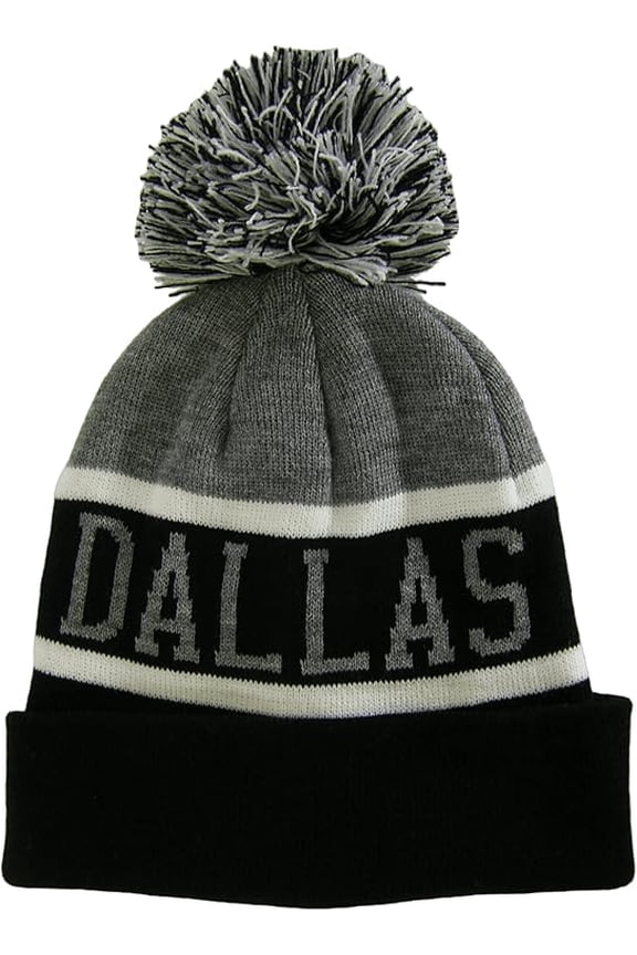 Dallas City Name Wide Stripe Winter Knit Pom Beanie Hat (Gray/Black)