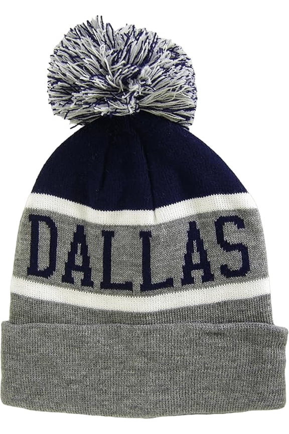 Dallas City Name Wide Stripe Winter Knit Pom Beanie Hat (Navy/Gray)