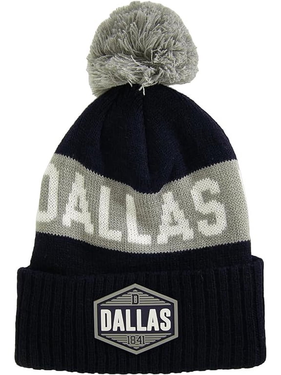 Dallas City Name Winter Knit 3D Rubber Patch Pom Beanie Hat (Navy/Gray)
