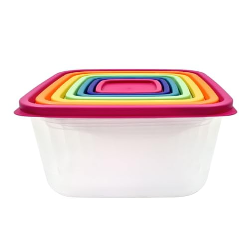 Dallas Distributing 7-Piece Plastic Rainbow Food Storage Container Set Multi-Color Nesting Bowls With Matching Lids for Kitchen Organization, Meal Prep & Leftovers