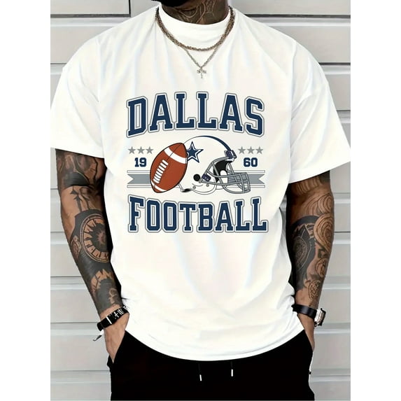 Dallas Football Vintage Print Men'S Cotton T-shirt-Casual Sports Style, Breathable round Neck Short Sleeve Top