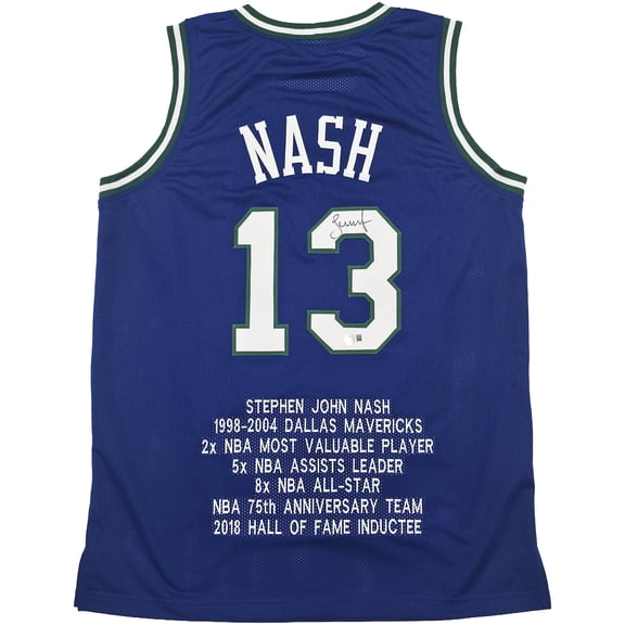 Dallas Mavericks Steve Nash Autographed Blue Stat Jersey Beckett BAS Witness Stock #252470