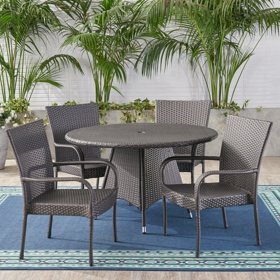 Noble House 5 Piece Traditional Wicker Rattan Reliable Dining Furniture Sets Gray