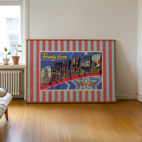 Dallas Print Texas Wall Art Real Vintage Tx Postcard Retro Travel Print Red Blue Tx Decor Trendy Striped Artwork Home Decor #483, Unframed Poster Size 8x12