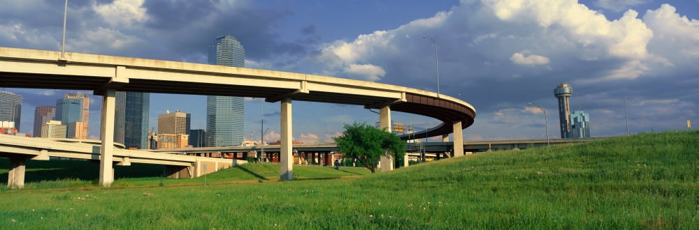 Dallas TX skyline from freeway overpass with Reunion Tower Canvas Art - Panoramic Images (36 x 12)