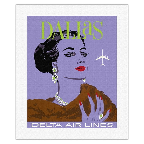 Dallas Texas - Delta Air Lines - Vintage Airline Travel Poster by John Hardy c.1960s - Fine Art Rolled Canvas Print 16in x 20in