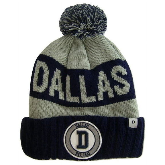 Dallas Texas Star & D Patch Ribbed Cuff Knit Winter Pom Beanie (D Navy/Gray Patch)