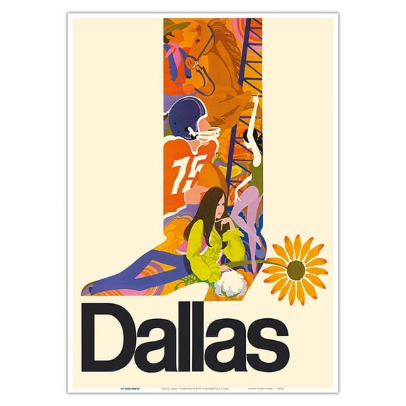 Dallas Texas - Sunflower Spur with Cowboy Boot - Vintage Airline Travel Poster c.1960s - Master Art Print 10in x 14in