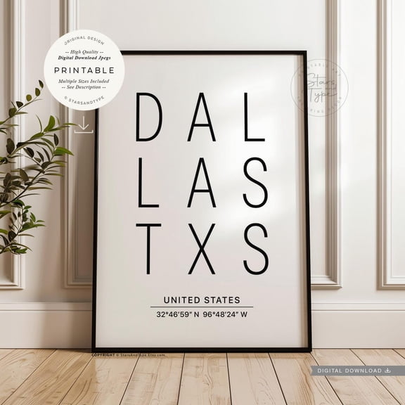 Dallas Texas Usa Print Art City State Name Map Coordinates Print Home Decor Office Wall Art