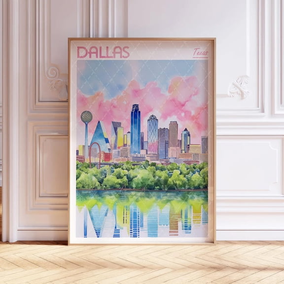 Dallas Texas Wall Art Print, Pastel Urban Skyline And USA Travel Dorm Decor