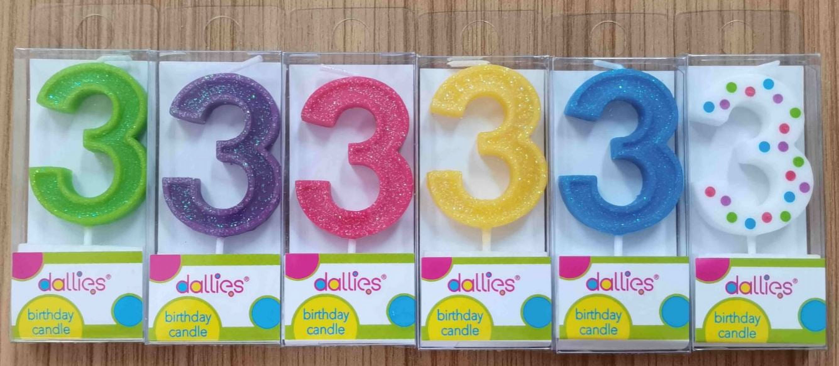 Dallies #3 Birthday Candle W/Pick, Assorted Colors with Polka Dots or  Glitter, 1.8 in, 1ct