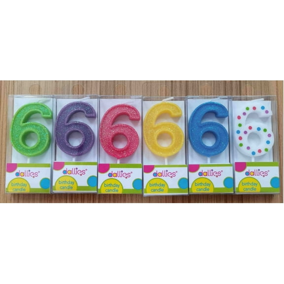 Dallies #6 Birthday Candle W/Pick, Assorted Colors with Polka Dots or Glitter, 1.8 in, 1ct