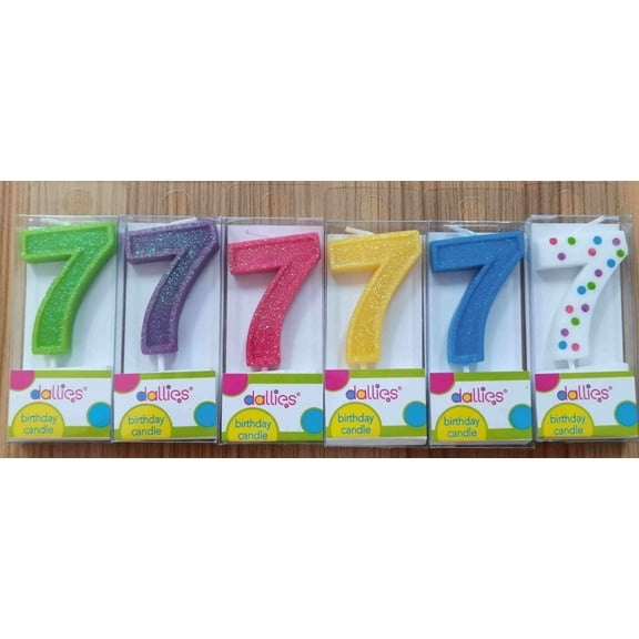 Dallies #7 Birthday Candle W/Pick, Assorted Colors with Polka Dots or Glitter, 1.8 in, 1ct