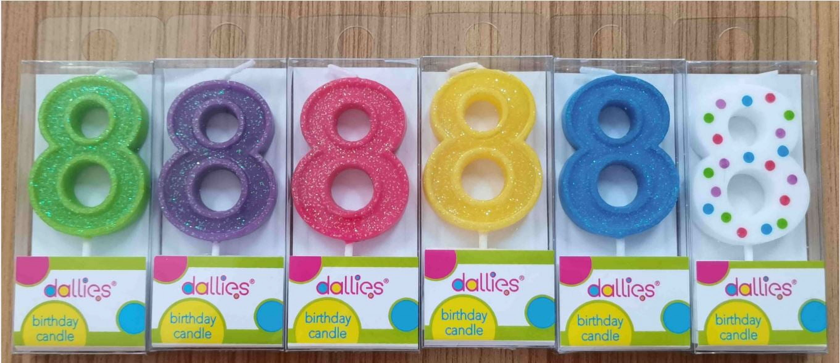 Dallies #8 Birthday Candle W/Pick, Assorted Colors with Polka Dots or Glitter, 1.8 in, 1ct