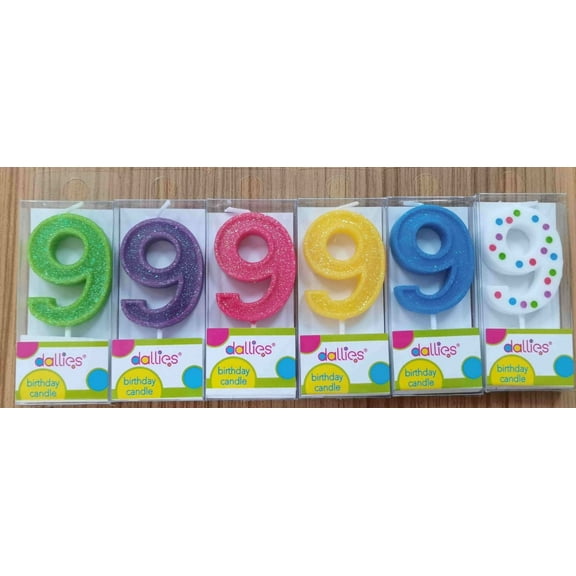 Dallies #9 Birthday Candle W/Pick, Assorted Colors with Polka Dots or Glitter, 1.8 in, 1ct