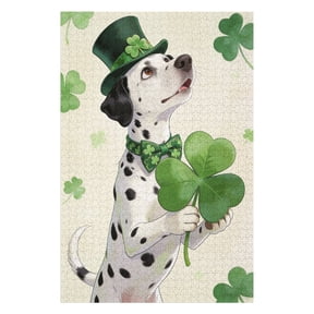 Dalmatian 1000 Piece Jigsaw Puzzle Charming Illustration of a Dalmatian with Shamrocks, Featuring Iconic Spots in a Festive St. Patrick's Day Composition, Finished Size 30 x 20 Inches