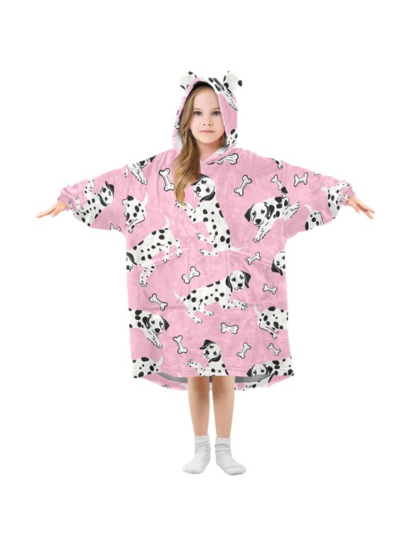 Dalmatian Dog Bone Pattern Wearable Blanket Hoodie Oversized Flannel Soft Warm Cozy 3-14 Age Small
