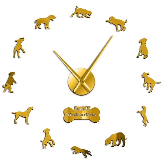 Dalmatian Dog Breed Self Adhesive 3D DIY Wall Clock Dal Carriage Puppy Decor Silent Frameless Hanging Wall Watch Pet Wall Art(Gold,27inch)
