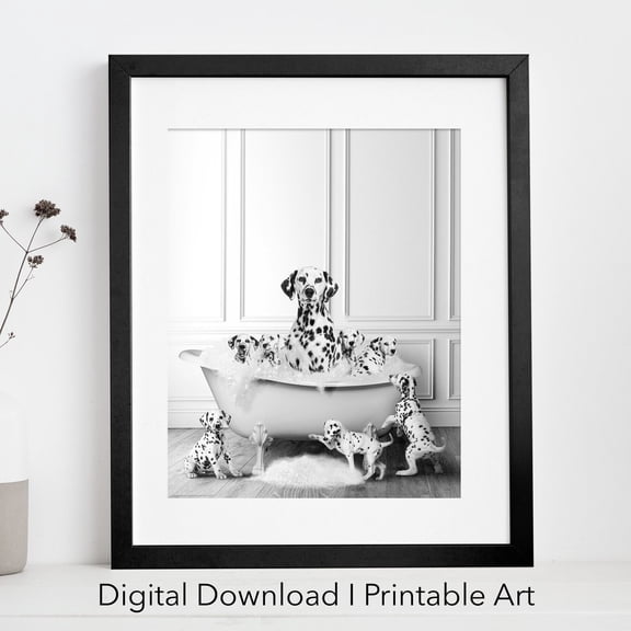 Dalmatian Dog Family In Tub Wall Art, Dalmatian, Dog Lover Gift, Bathroom Wall Art, Dog Portrait Wall Art, Modern Wall Decor, 16x24 UNFRAMED