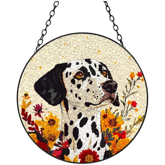 Dalmatian Dog and Flowers Stained Glass Suncatcher Colored Handmade Window Hangings Glass Suncatcher Crafts Kits for Indoor Garden Christmas Decor and Memorial 16x16cm(1)