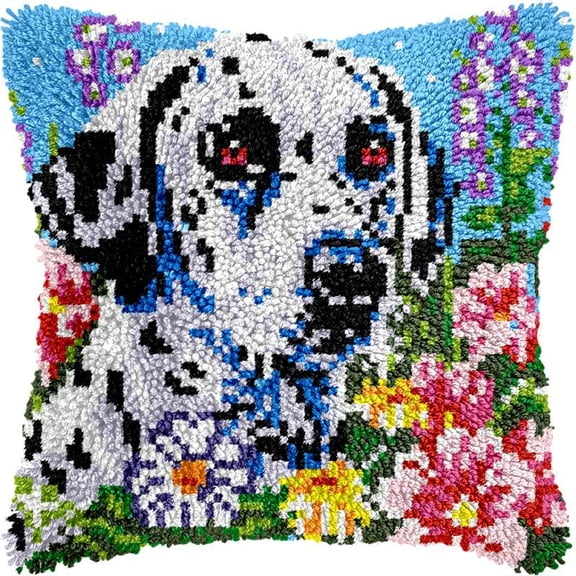 Dalmatian Dog Latch Hook Kits Pillow DIY Rug Crochet Hook Cushion Making Kits Printed Pattern Canvas Pillowcase Hooking Kits Pillow Cover Crochet Kits 43x43cm(fs81)